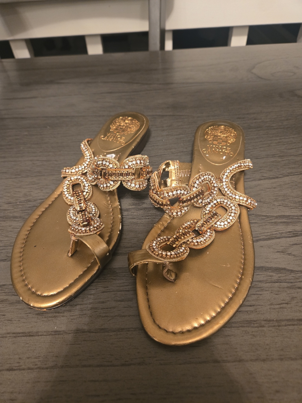 Vince Camuto Gold Jeweled Chain Thong Sandals